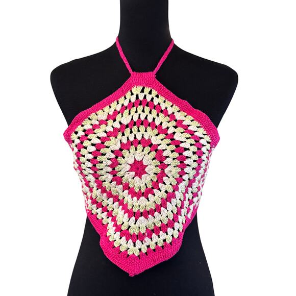 NEW BP. NORDSTROM Pink White Crochet Handkerchief Halter Top M FALL - Picture 1 of 6